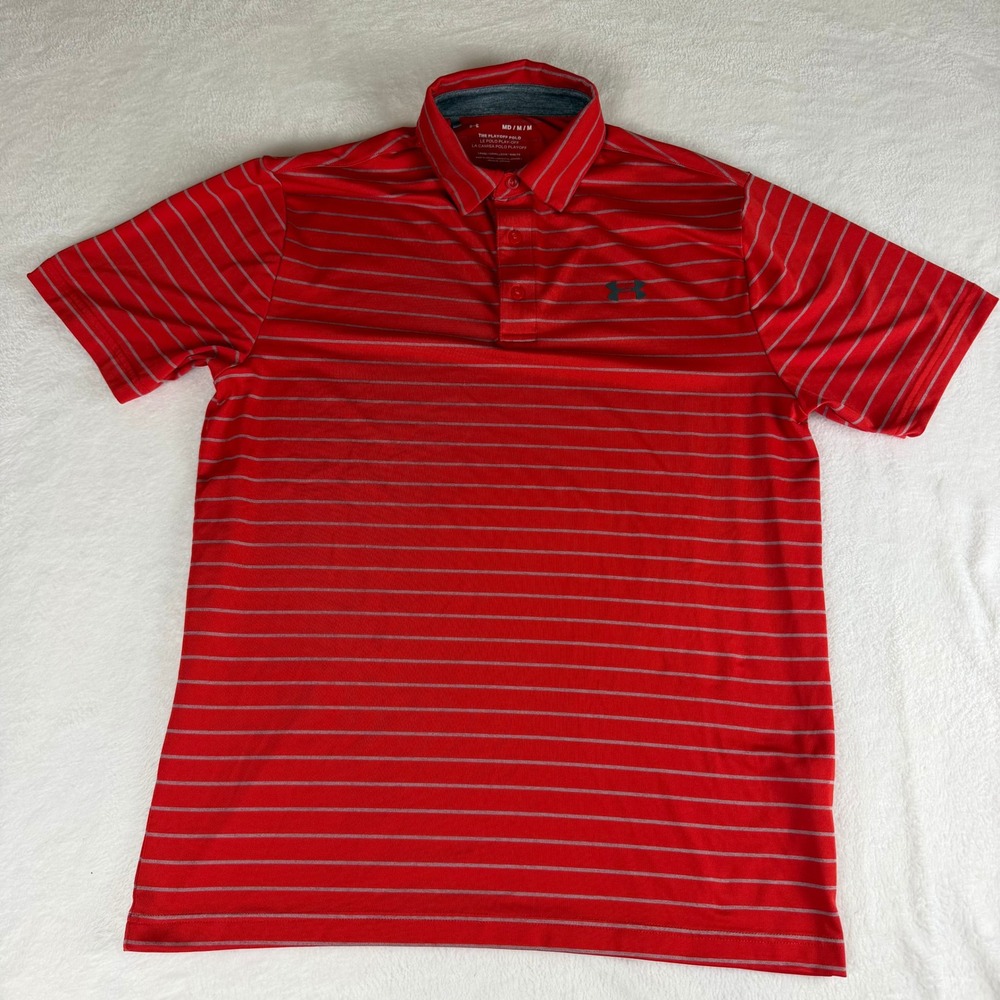 Under Armour Mens Medium Playoff Polo Shirt Red Striped Loose Fit